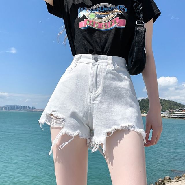 Sienne-High Waist Plain Distressed Denim Shorts