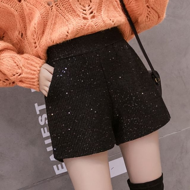 Sienne-High Waist Plain Glitter Shorts