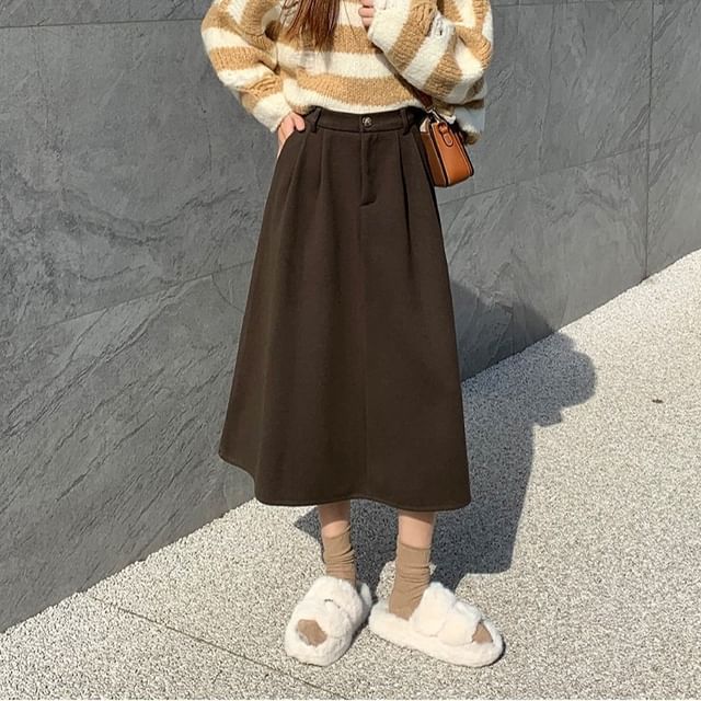 Sienne-High Waist Plain Midi A-Line Skirt