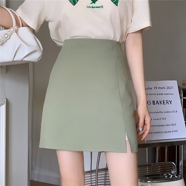 Sienne-High Waist Plain Mini A-Line Skirt