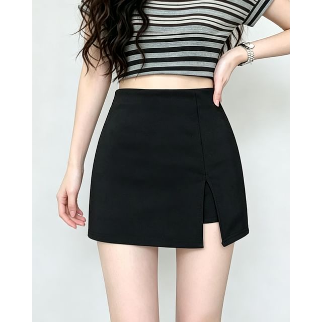 Sienne-High Waist Plain Mini A-Line Skirt