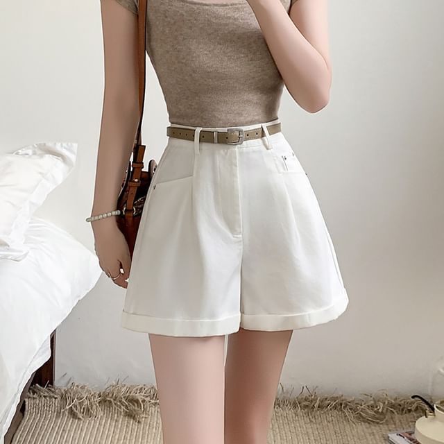 Sienne-High Waist Plain Roll Up Shorts