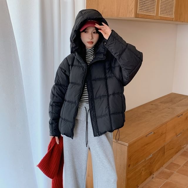 Sienne-Hooded Plain Zip Puffer Jacket