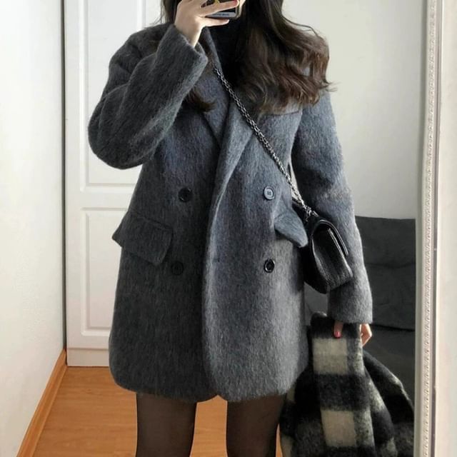 Sienne-Lapel Collar Plain Double-Breasted Coat