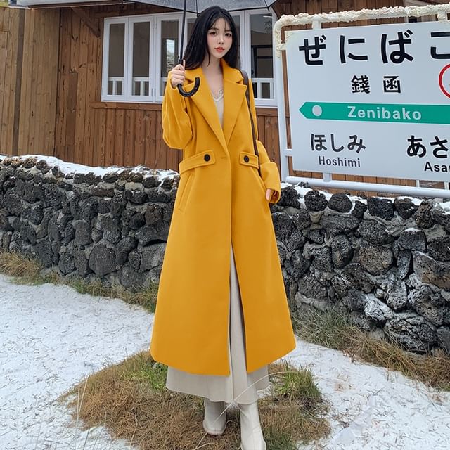 Sienne-Lapel Collar Plain Double Breasted Long Coat