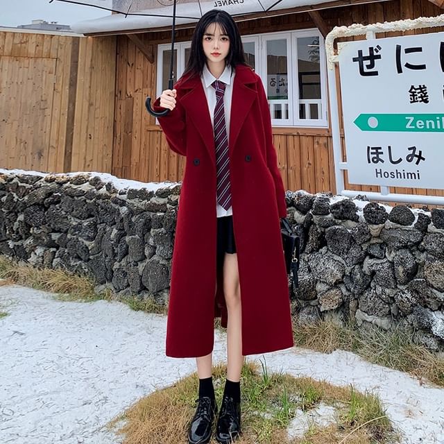Sienne-Lapel Collar Plain Double Breasted Long Coat