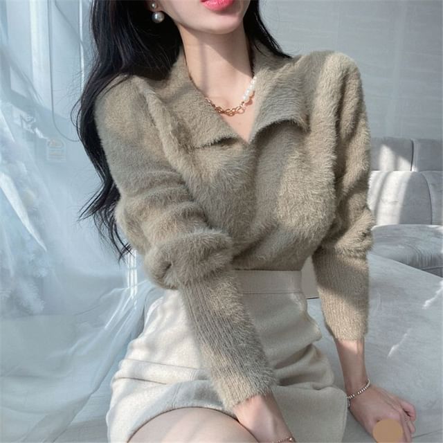 Sienne-Long-Sleeve Collar Plain Fluffy Knit Top