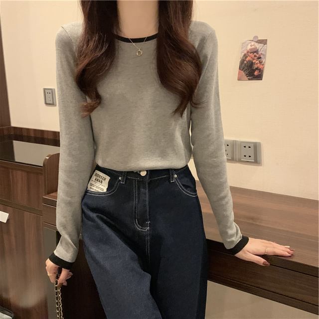 Sienne-Long-Sleeve Contrast Trim T-Shirt