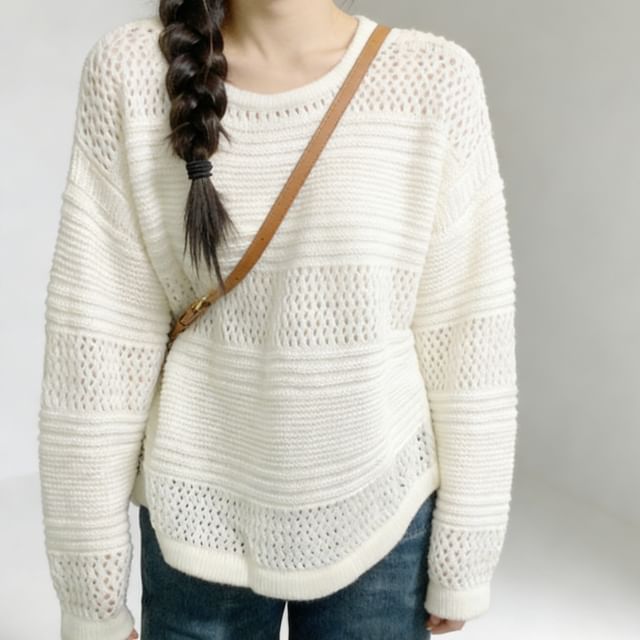 Sienne-Long-Sleeve Crew Neck Plain Perforated Sweater