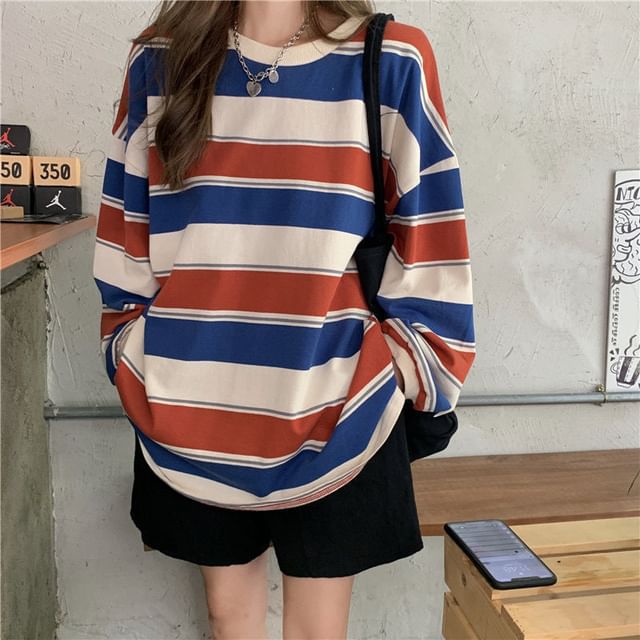 Sienne-Long Sleeve Crew Neck Striped Oversized Tee