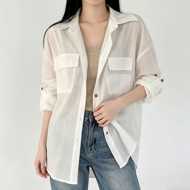 Sienne-Long-Sleeve Drop-Shoulder Plain Sheer Shirt