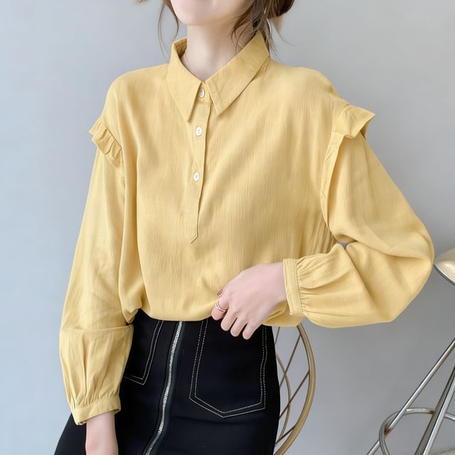 Sienne-Long-Sleeve Frill Trim Plain Blouse