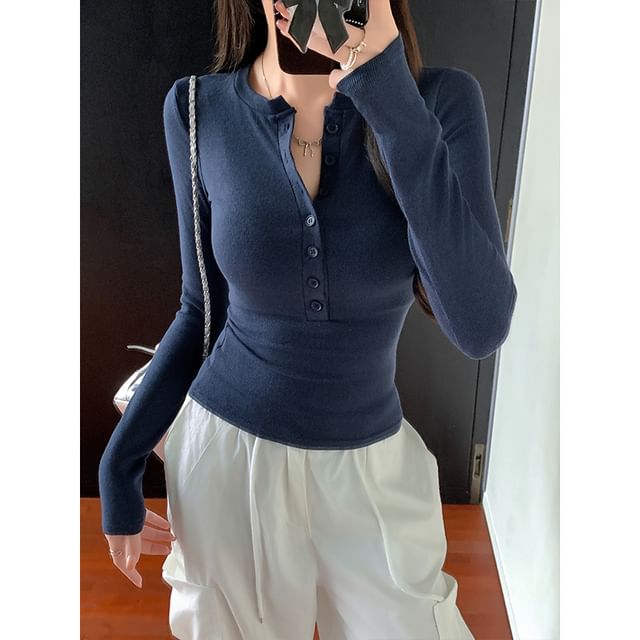 Sienne-Long-Sleeve Half Buttoned Plain Top