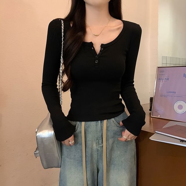 Sienne-Long-Sleeve Henley Plain Top