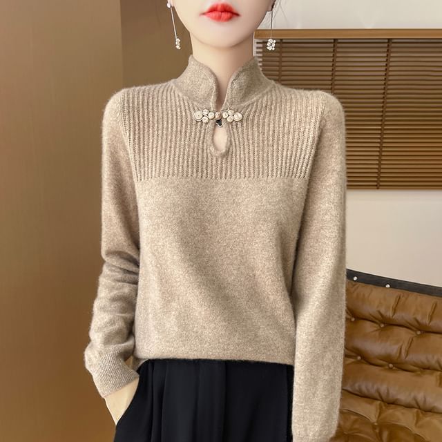 Sienne-Long-Sleeve Mandarin Collar Frog Button Knit Top