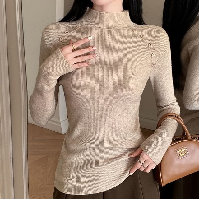 Sienne-Long Sleeve Mock Neck Plain Button Detail Ribbed Knit Top