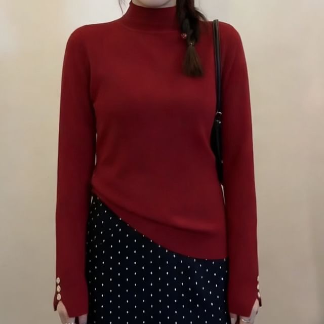 Sienne-Long Sleeve Mock Neck Plain Button Knit Top