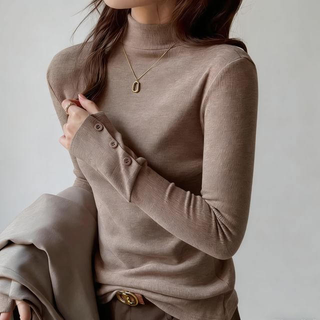 Sienne-Long-Sleeve Mock Neck Plain T-Shirt