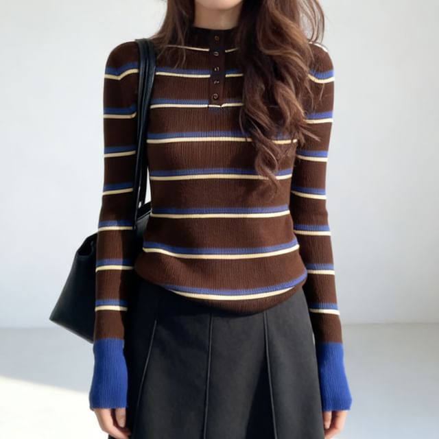 Sienne-Long Sleeve Mock Neck Striped Button Ribbed Knit Top
