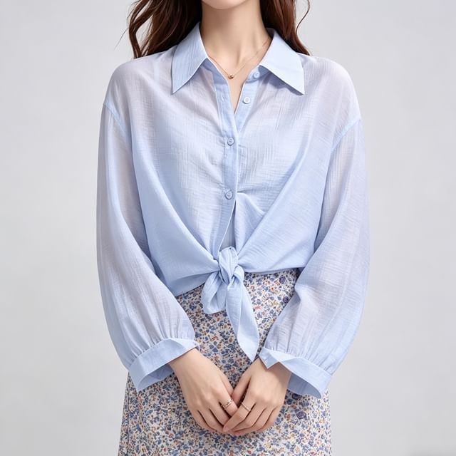 Sienne-Long-Sleeve Plain Back-Slit Shirt