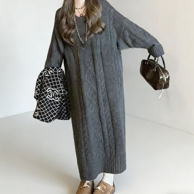 cable knit crew neck long sleeve maxi sweater dress Sienne - Round Plain Loose Fit AAKAA GREEN DRESS
