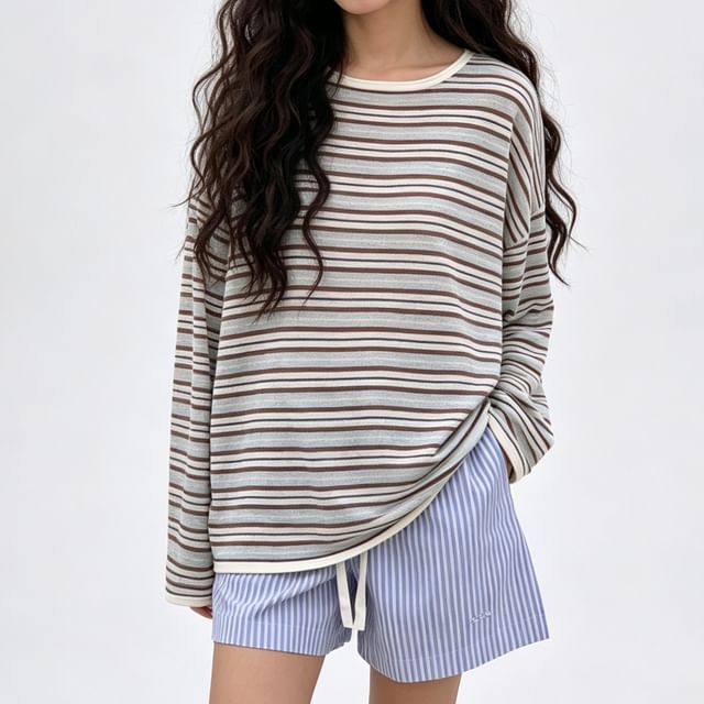 Sienne-Long Sleeve Round Neck Striped Knit Top