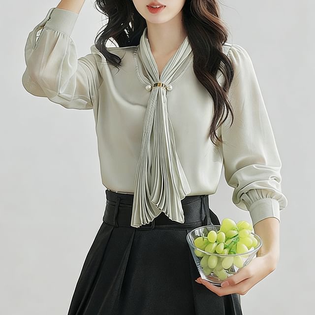 Sienne-Long-Sleeve Scarfed Plain Blouse