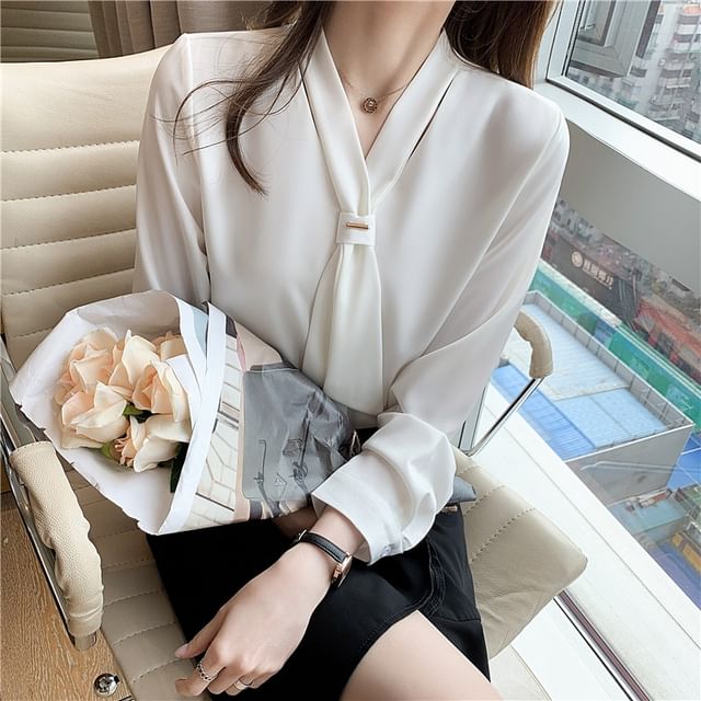 Sienne-Long-Sleeve Tie Neck Plain Blouse