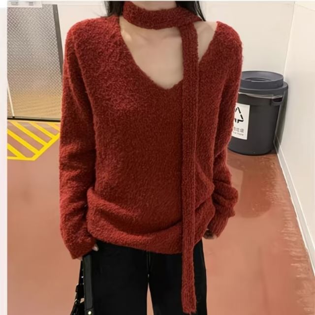 Sienne-Long-Sleeve V-Neck Plain Knit Top
