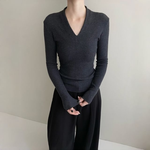 Sienne-Long Sleeve V-Neck Plain Knit Top
