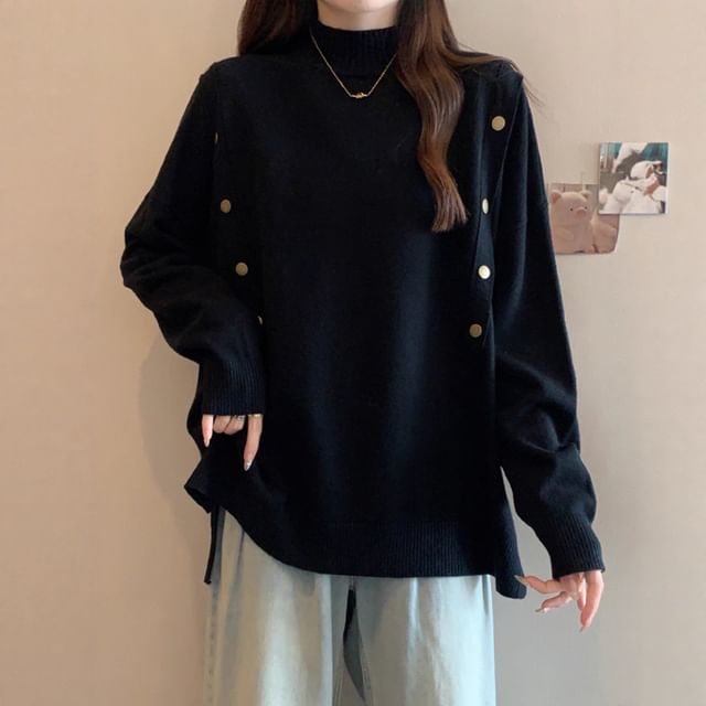 Sienne-Mock Neck Plain Double Breasted Sweater