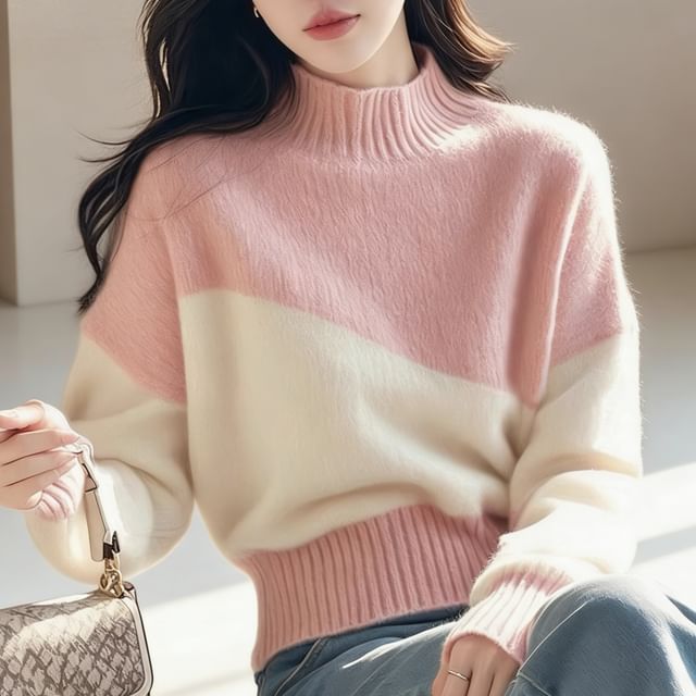 Sienne-Mock Neck Two Tone Sweater