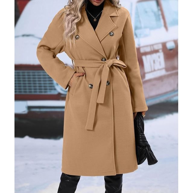 Sienne-Notch Lapel Double-Breasted Plain Long Coat