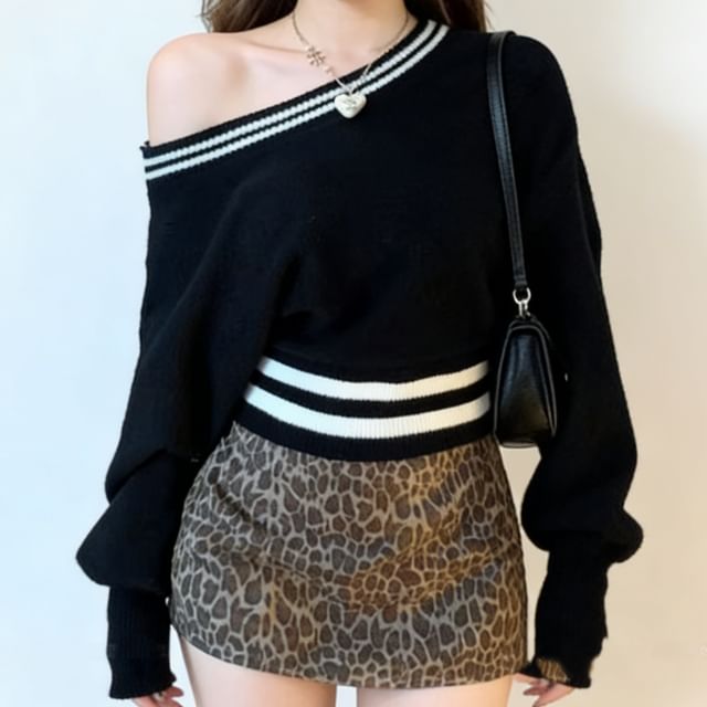 Sienne-Off-the-Shoulder Striped Crop Sweater