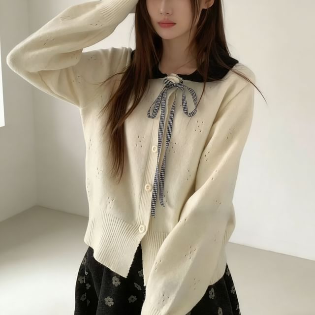 Sienne-Peter Pan Collar Two Tone Plain Button Up Cardigan