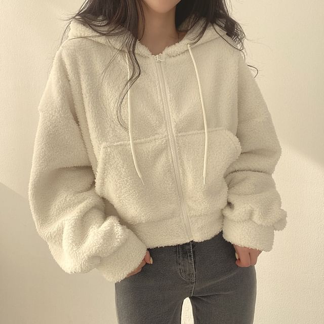 Sienne-Plain Fleece Crop Zip Hoodie