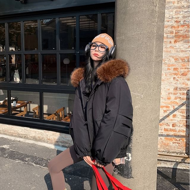 Sienne-Plain Fluffy Trim Hood Toggle Puffer Jacket