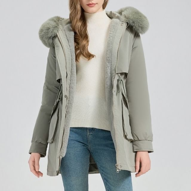 Sienne-Plain Hooded Fluffy Trim Padded Zip Parka