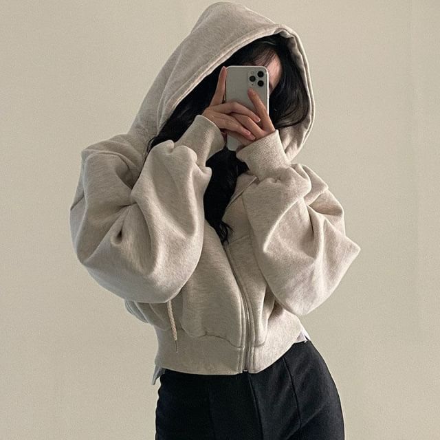 Sienne-Plain Zip-Up Crop Hoodie