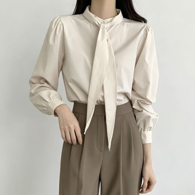 Sienne-Puff-Sleeve Tie-Neck Plain Blouse