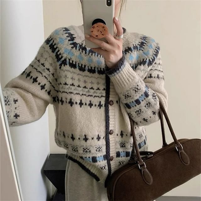 Sienne-Round Neck Jacquard Contrast Trim Cardigan