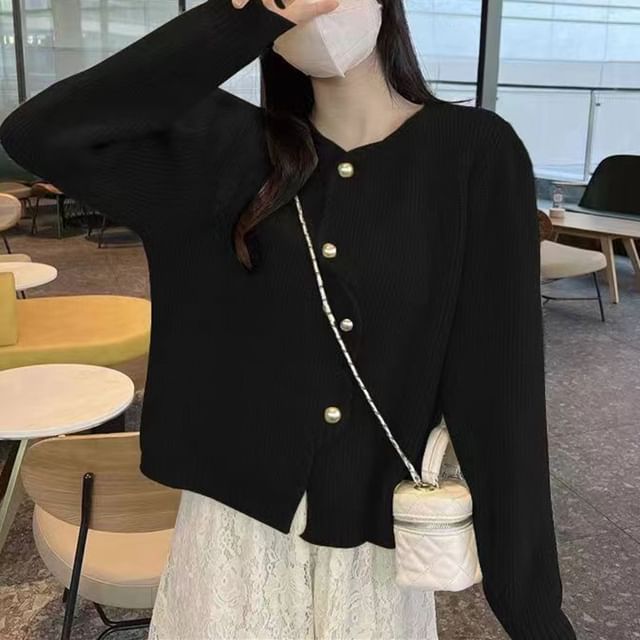 Sienne-Round Neck Plain Asymmetrical Cardigan
