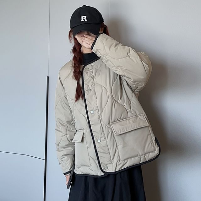 Sienne-Round Neck Plain Button Up Padded Jacket