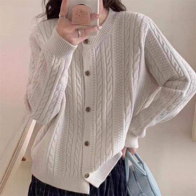 Sienne-Round Neck Plain Cable Knit Cardigan