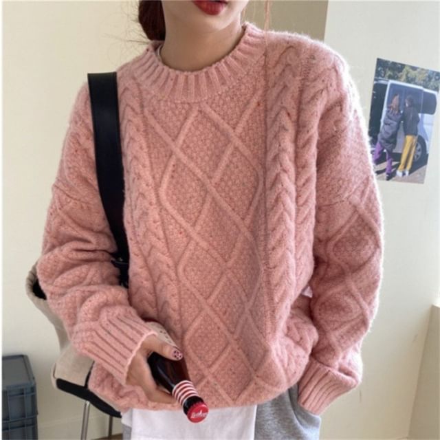 Sienne-Round Neck Plain Cable Knit Sweater