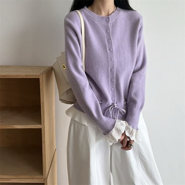 Sienne-Round Neck Plain Lace Trim Cardigan