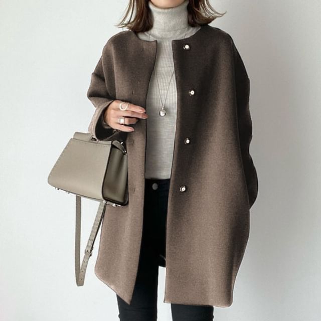 Sienne-Round Neck Plain Single Breasted Coat