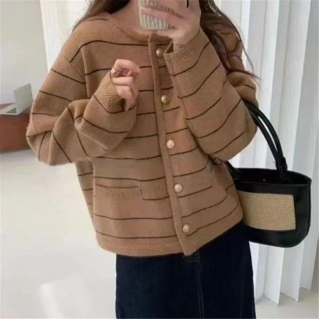 Sienne-Round Neck Striped Cardigan