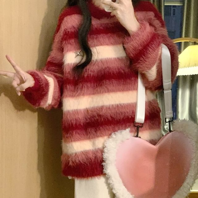 Sienne-Round Neck Striped Fluffy Sweater