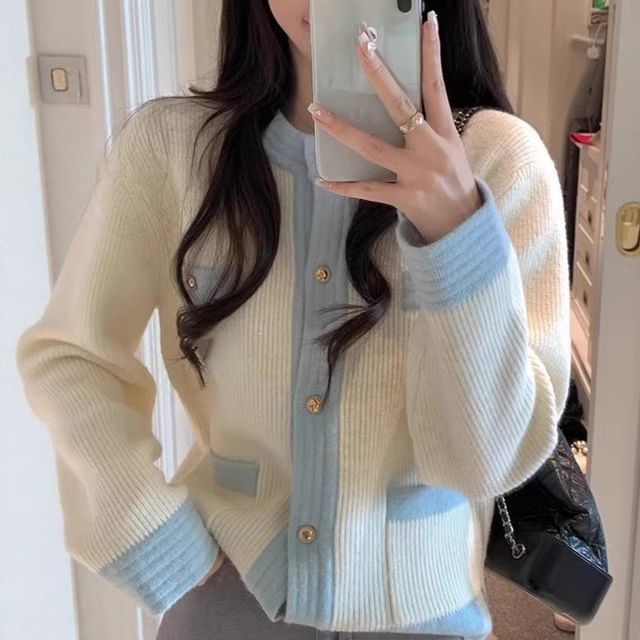 Sienne-Round Neck Two Tone Cardigan